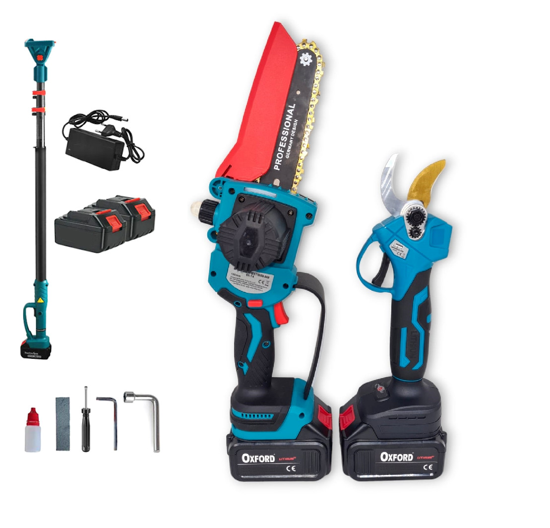 kit potatura cesoia a batteria con asta e motosega a batteria 6" con asta