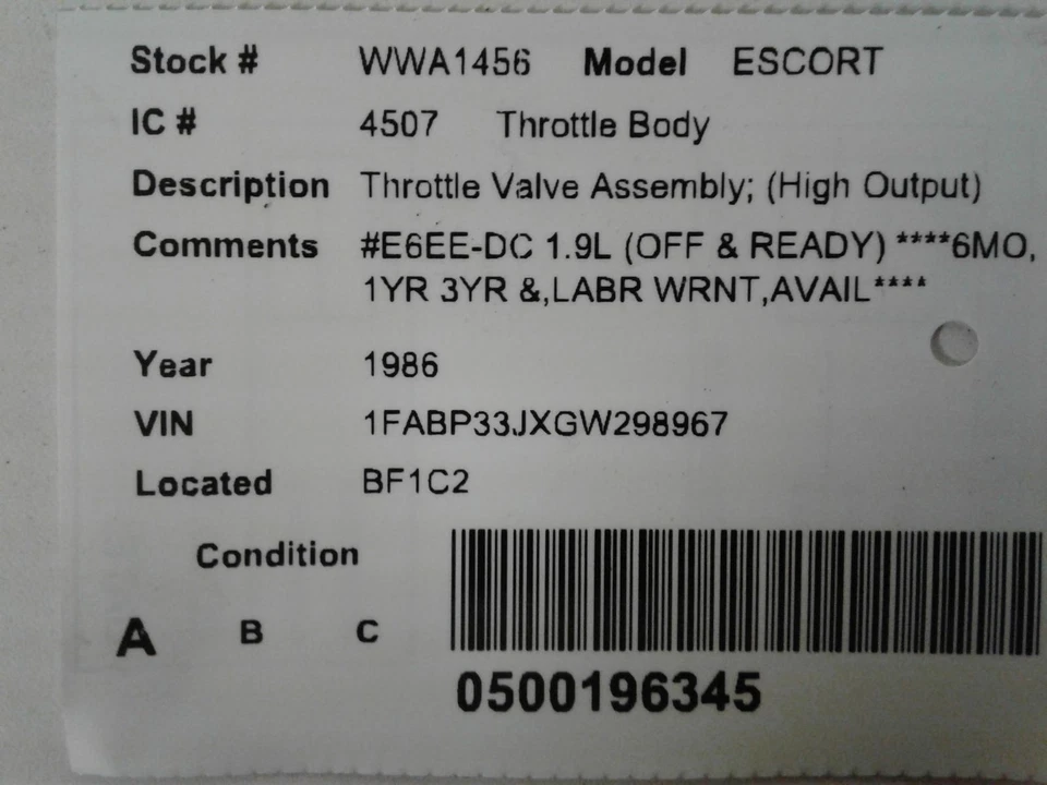 Used Fuel Injection Throttle Body fits: 1986 Ford Escort Throttle Valve Assembly - Image 4 of 4