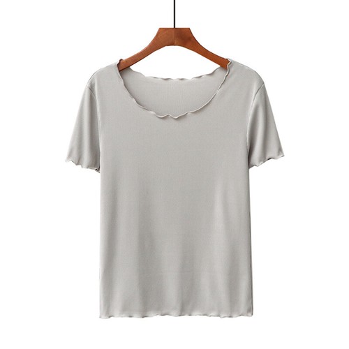 Women Ice Silk Elastic Lace Collar Short-Sleeved Shirt Solid Color Bottoming - Picture 49 of 72