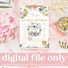 Printable 1st Birthday Milestone Board, Floral Koala Australian Animal Party PDF