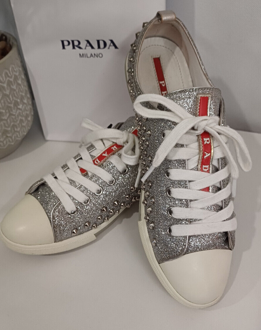 Prada Glitter Silver Leather Studded Ladies Trainers Sneakers UK 4