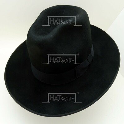 CLASSIC Fur Felt Fedora Trilby Cowboy Hat Stiff Wide Brim (8cm) Black  52cm