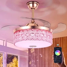 42" 7-Color Dimmable Chandeliers Remote Crystal Ceiling Fan w/Bluetooth Speaker