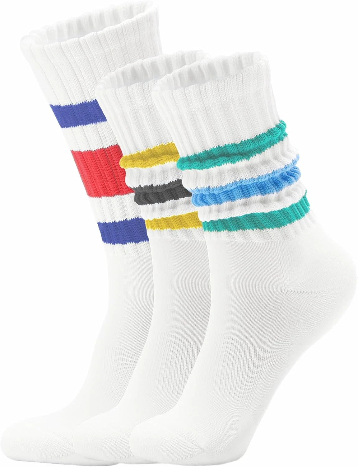 Acomono Retro Striped Slouchy Crew Socks for Men 5-11, 3 Pairs-multi Color-3