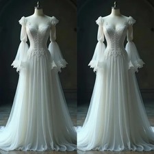 Flare Sleeves Long Bohemian Wedding Dresses A-Line Court Train Tulle Beach