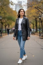 Women Jacket NINE WEST Genuine Leather Coat Black Long Sleeve Button Front Coat