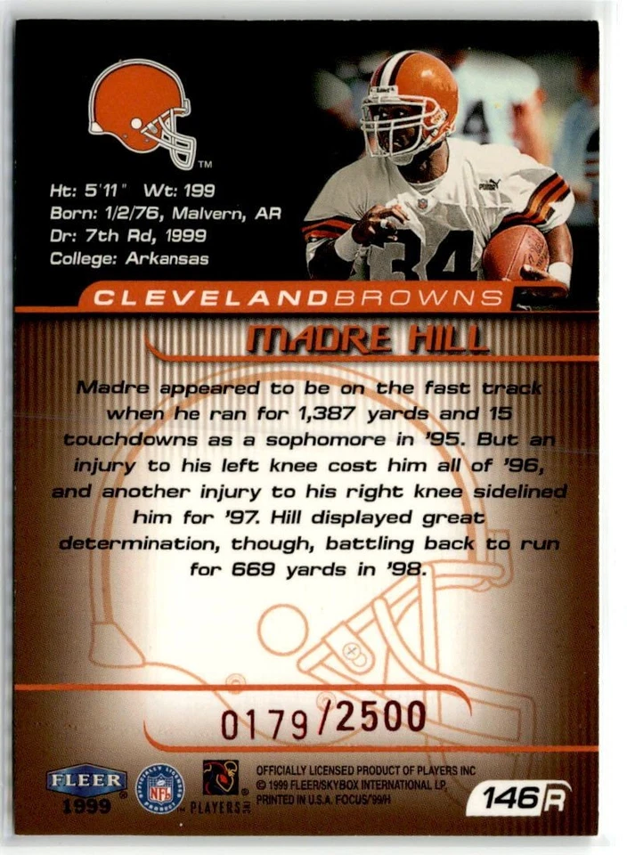 Madre Hill SN,RC Cleveland Browns 1999 Fleer Focus #146R - Image 2 of 2