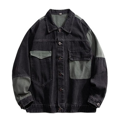 Herren Patchwork Jeansjacke Übergröße Knopfleiste, Schwarz, Medium