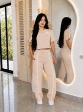 Women s 2-Piece Cotton Blend Outfit Set Beige...