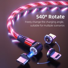 Magnetic Charging Cable 3A Fast Charger USB-C Micro USB Lightning LED Rotating