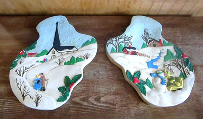 2 Vin. Hand Painted Chalkware Winter Scene Plaques
