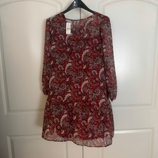 LOFT Red Paisley Metallic Shimmer Drop Waist Ruffle Hem Mini Dress Small NWT