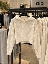 Alo Women s White Cable Knit Hooded Pullover ...