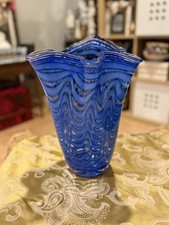 Mid-Century Italian Murano Scalloped Blue Art Glass Ruffled Vase