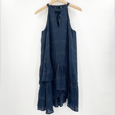 PARKER Sienna Dress Size Extra Small Keyhole Tie Bow Navy Silver Stitch Plaid