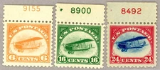 US Scott#C1,C2,C3 Mint NH VF 1918 First Air Mail issue plate# singles, no faults