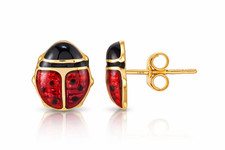 14K Gold Red Enamel Ladybug Stud Earrings 7.5mm Cute Nature Bug New in Box