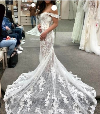 GALINA SIGNATURE EMBELLISHED ILLUSION LACE WEDDING DRESS & SLIP SIZE 4 NWT