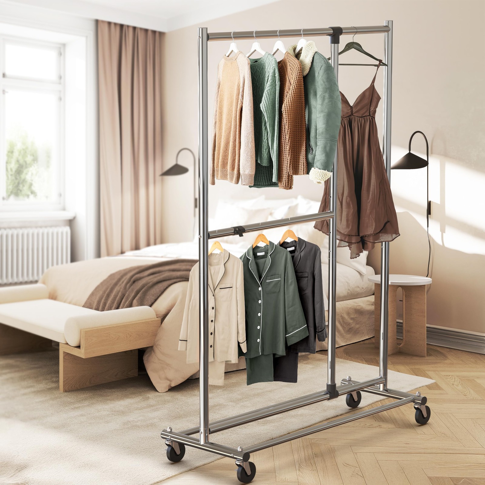 Dual Bar Adjustable Garment Rack, Chrome, 72-inch Height