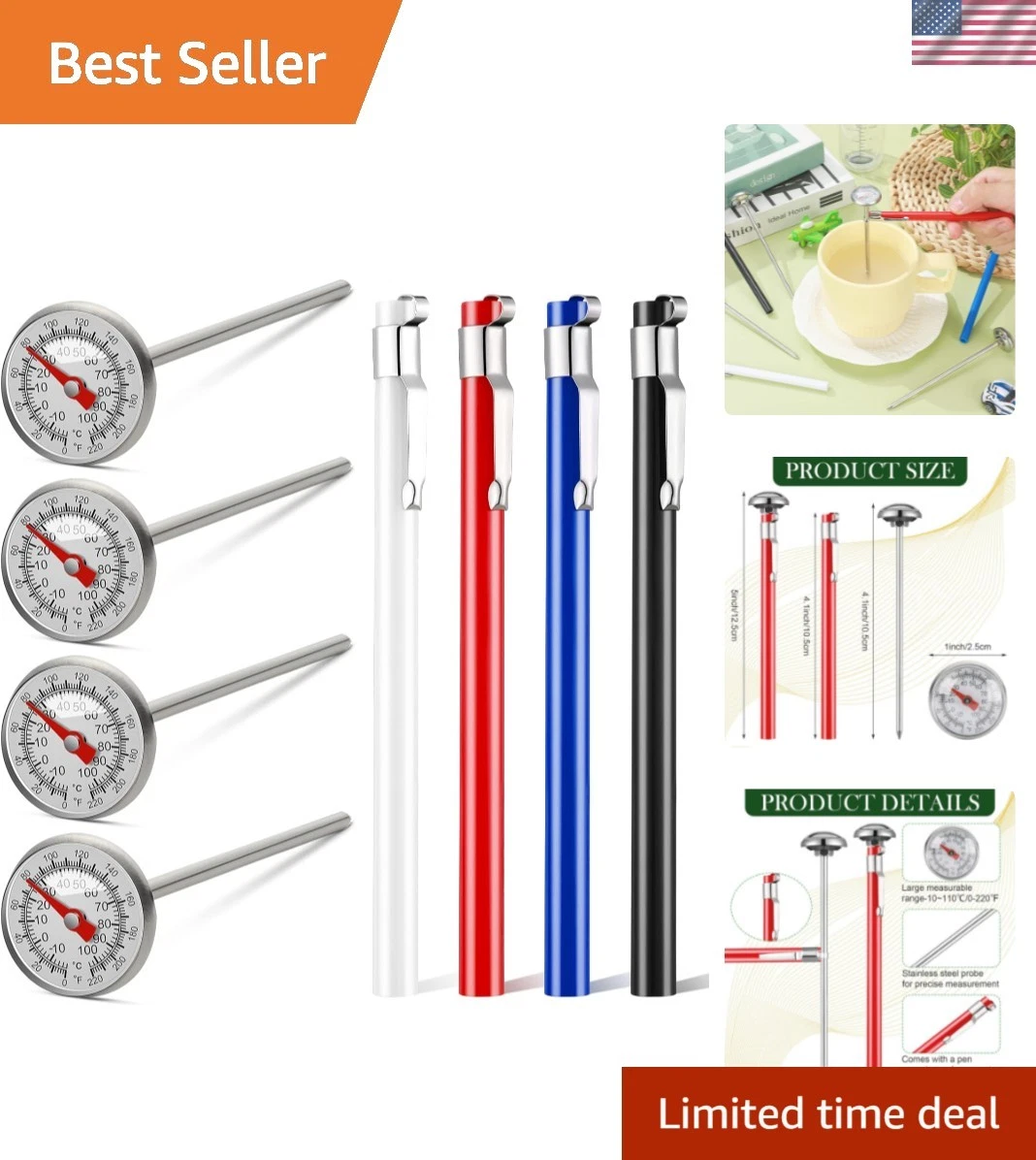 Precision Cooking: 4 Pack Stainless Steel Food Thermometers with Safe Sleeves