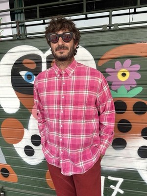 ASPESI Men Shirt Checkered Country Farm Checks Plaid Pink Thick Cotton Size L