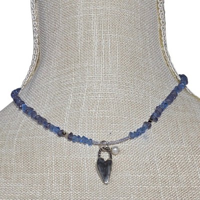 Beaded Necklace Heart Pearl Pendant Blue Stone Chip Boho Jewelry