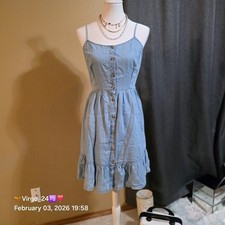 Japna Blue Chambray Button Front Sundress Sleeveless Square Neck Ruffle Hem L