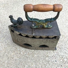 Vintage Antique Cast Iron Coal Box Sad Iron with Wood Handle, Rooster Knob