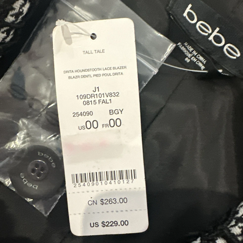 Bebe Drita Houndstooth кружева Blazer размер 00 черный и серый новый с Ярлыками $229 розничной - Изображение 3 из 4