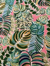 Indoor/Outdoor Fabric Tropical Leaves Print Blue Green Aqua Pink White 55”wide