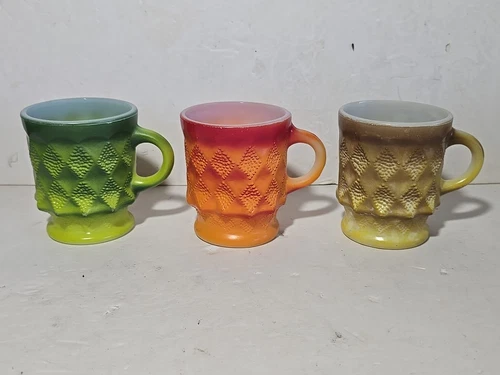 VTG Fire King Anchor Hocking Mug Set Of 3 Orange Green Yellow Oven Proof 50s-60s