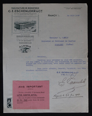 Invoice NANCY 1937 MANUFACTURE HOSIERY E ESCHENLOHR A L AIGLE 148