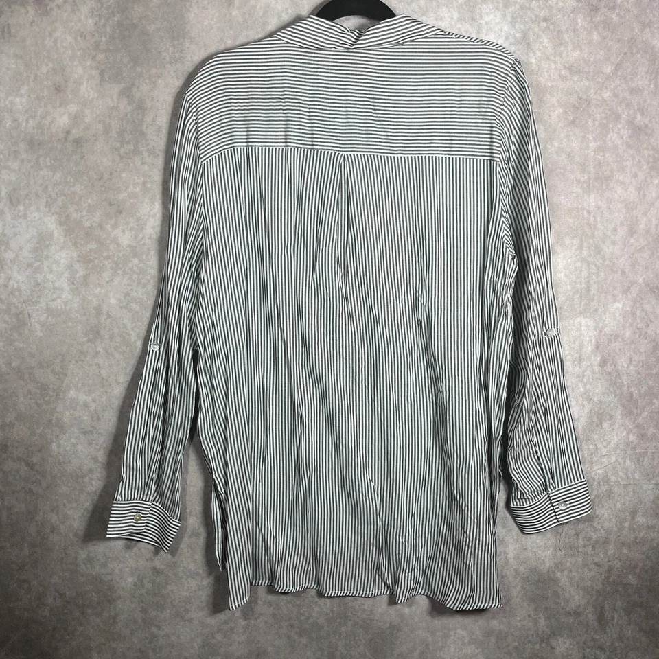 Camisa Joan Vass New York para mujer talla XL blanca negra a rayas mangas con lengüeta enrollable NUEVA Foto 4 de 4