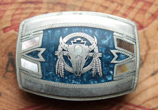 Vtg Johnson Held Handmade Cowboy Buffalo Skull Mother of Pearl Inlay Belt Buckle