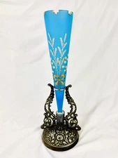 Antique Figural Meriden Britannia Silverplate Mounted Blue Aesthetic Glass Vase