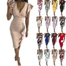 Women Sleeveless V Neck Ruffle Bodycon Mini Dress Summer Party Clubwear Dresses