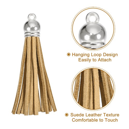 20Pcs 2.2" Leather Tassels Keychain Charm with Silver Cap for DIY, Khaki - Picture 3 of 6