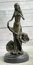 Moreau's Signed Lily Girl Bronze Sculpture Art Deco Maiden with Flowers Figurine