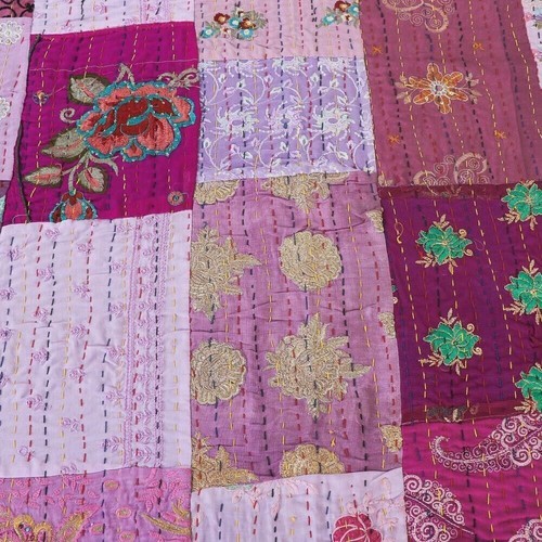 Indian Vintage Silk Patola Saree patchwork Kantha Quilt Bedspread Blanket - Picture 10 of 10