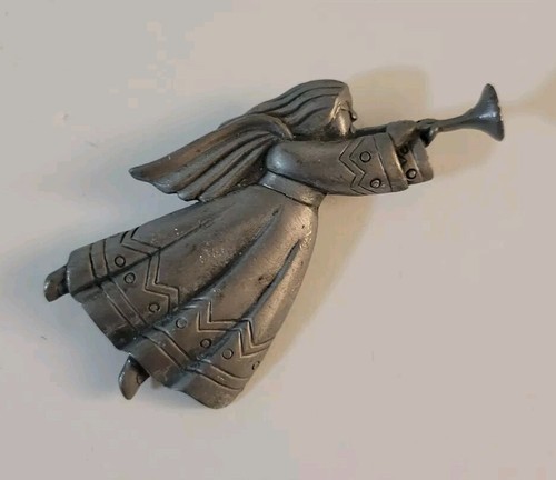 Vintage Pewter Angel With Horn Brooch Silvertone