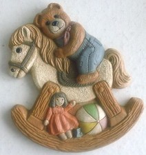Vtg 1986 Nursery Wall Plaque,Teddy Bear Riding a Rocking Horse, Frankies Designs