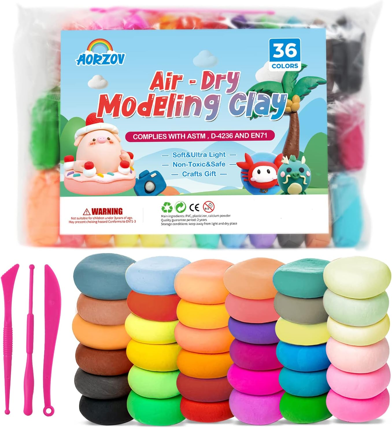 36 Colors Air Dry Clay for Kids, Modeling Clay Kit, Magic Foam DIY Clay with 3