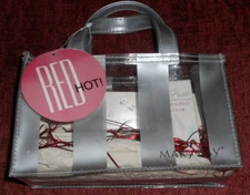 Mary Kay Red Hot Set In Clear Vinyl Striped Tote Bag-New Old Stock-RARE