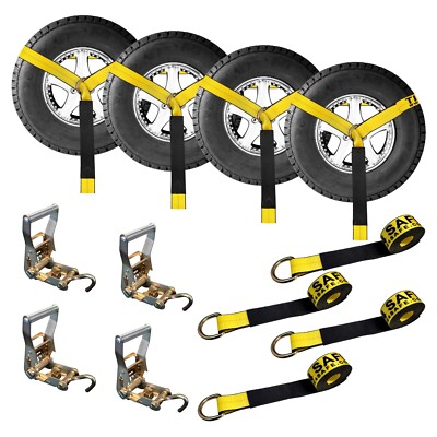 4 Set 2'' x 10' Lasso Wheel Lift Strap Ratchet w/ J Finger Hook For Towing Yellow