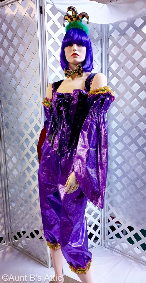 Sexy Bufón Mardi Gras 5 Piezas Púrpura Cojo Pantalones Cordones Corsé Mangas Diadema y Corbata Foto 3 de 4