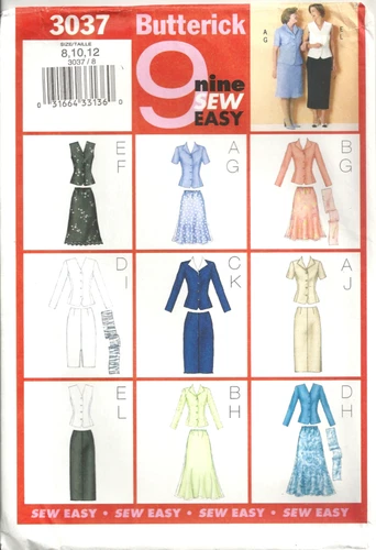 BUTTERICK 3037 MISSES' SIZE 8-12 TOP, SKIRT, SCARF SEWING PATTERN VTG 