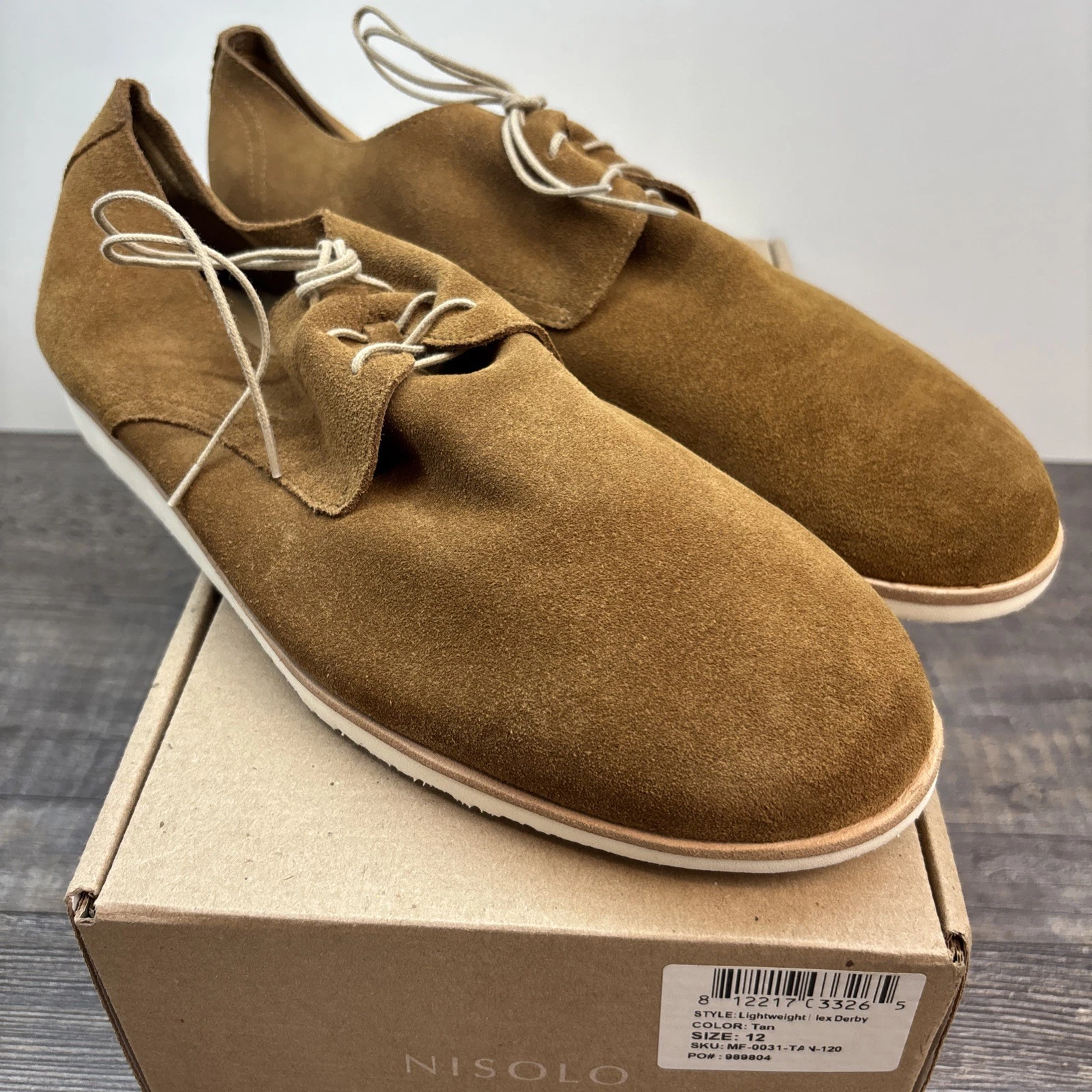 Nisolo Men's 12 Lightweight Flex Derby Shoe Leather Tan NEW