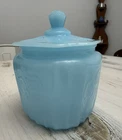 vintage blue depression glass biscuit jar featuring a Mayfair Rose pattern