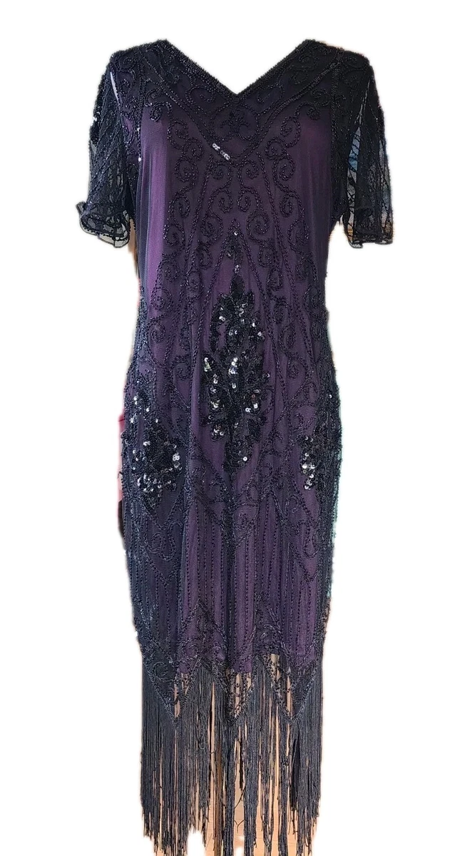 1920s dress purple ZAPAKA Women Flapper Dress Dark Purple Beading Fringes 1920s Dress with Accessories Set, Dark Purple / S