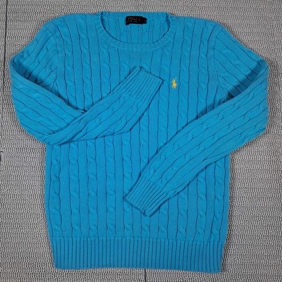Polo Ralph Lauren Cable Knit Sweater Aqua Blue Pony Pullover Size Medium Preppy 